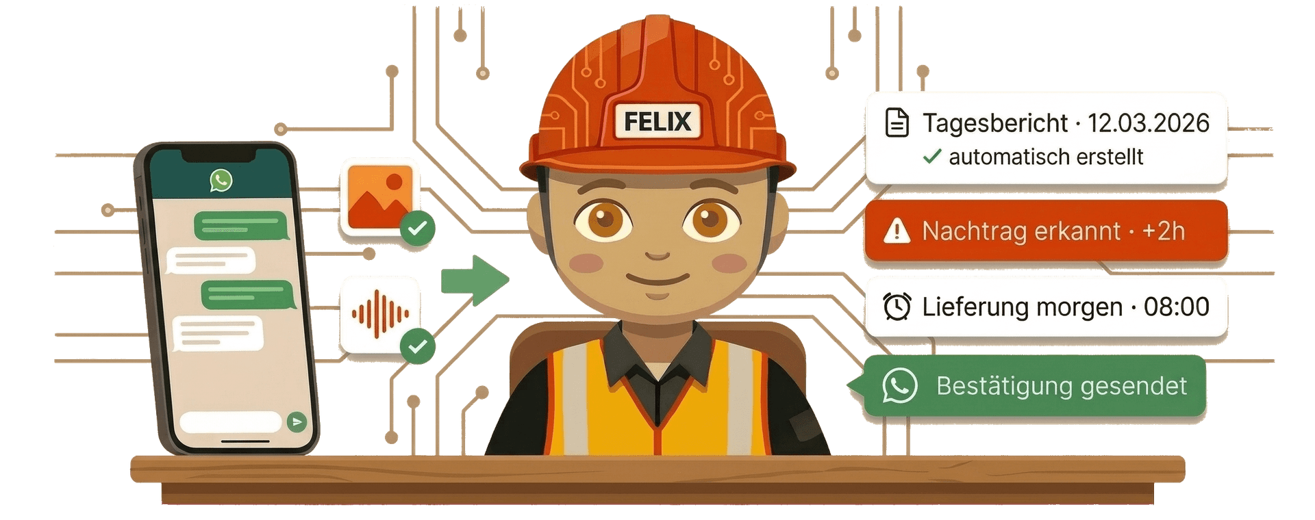 Felix der KI-Assistent: WhatsApp-Nachrichten werden automatisch zu Tagesberichten, Mängeln und Nachträgen verarbeitet