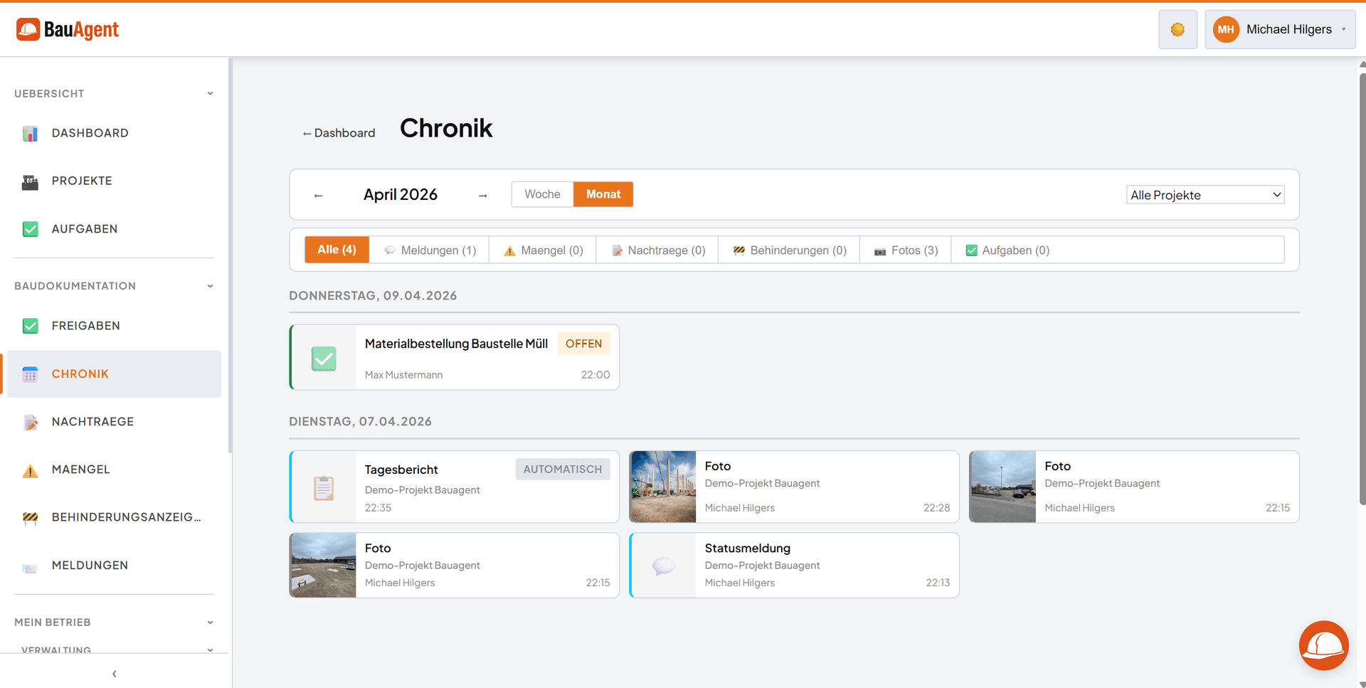 Chronik mit Zeitachse, Filtern nach Meldungen, Mängel, Nachträge und Fotos