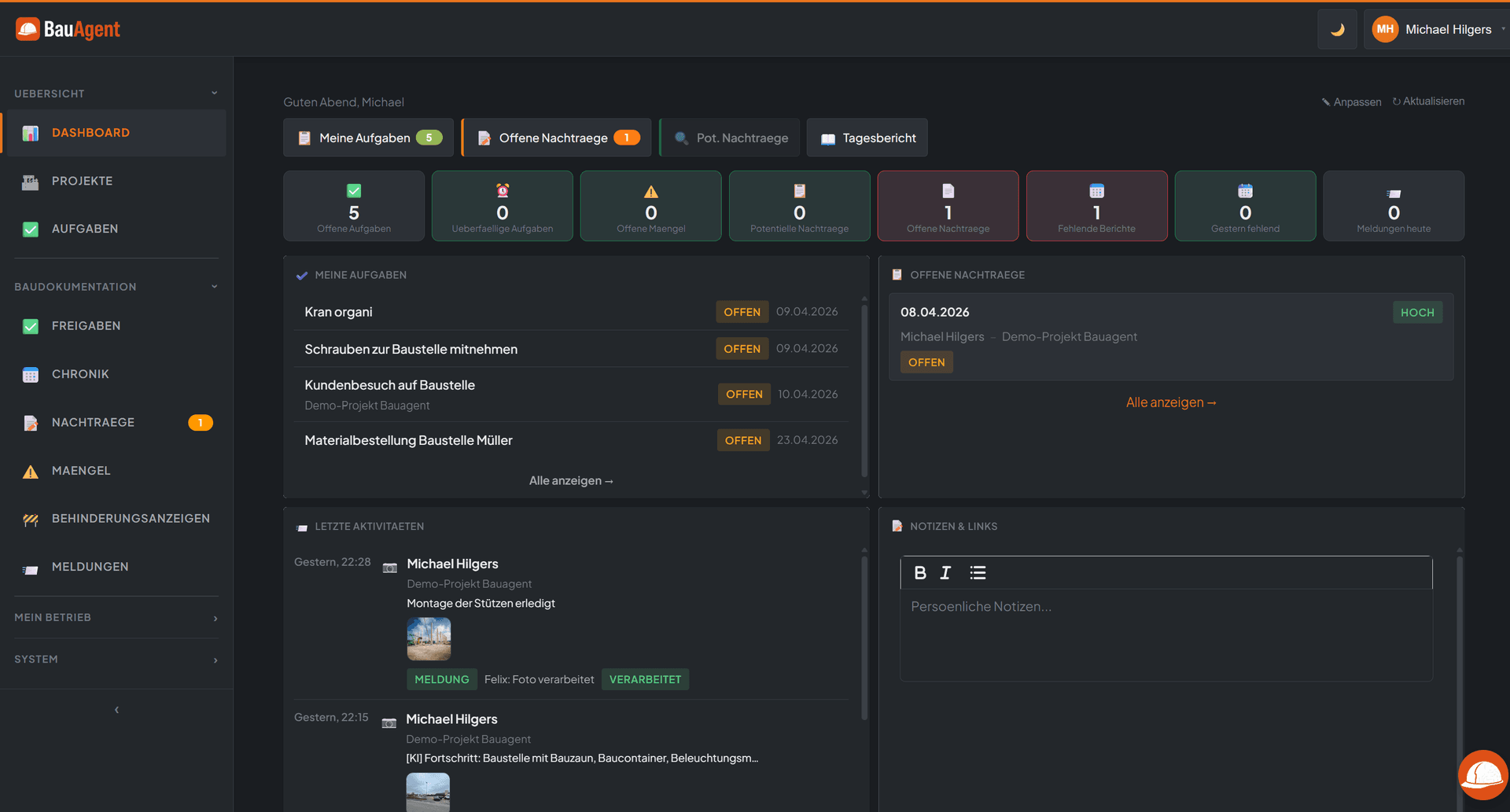 Dashboard im Dark Mode