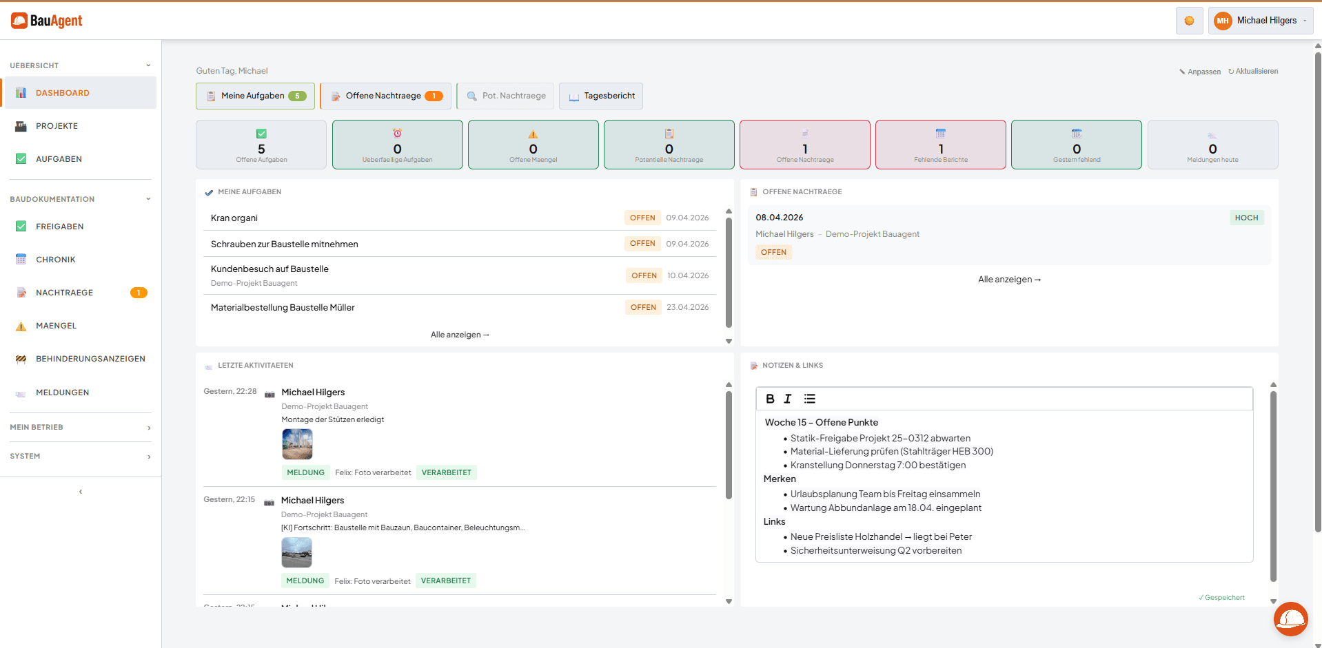 BauAgent.ai Dashboard – alle Projekte, Mängel und Aufgaben auf einen Blick