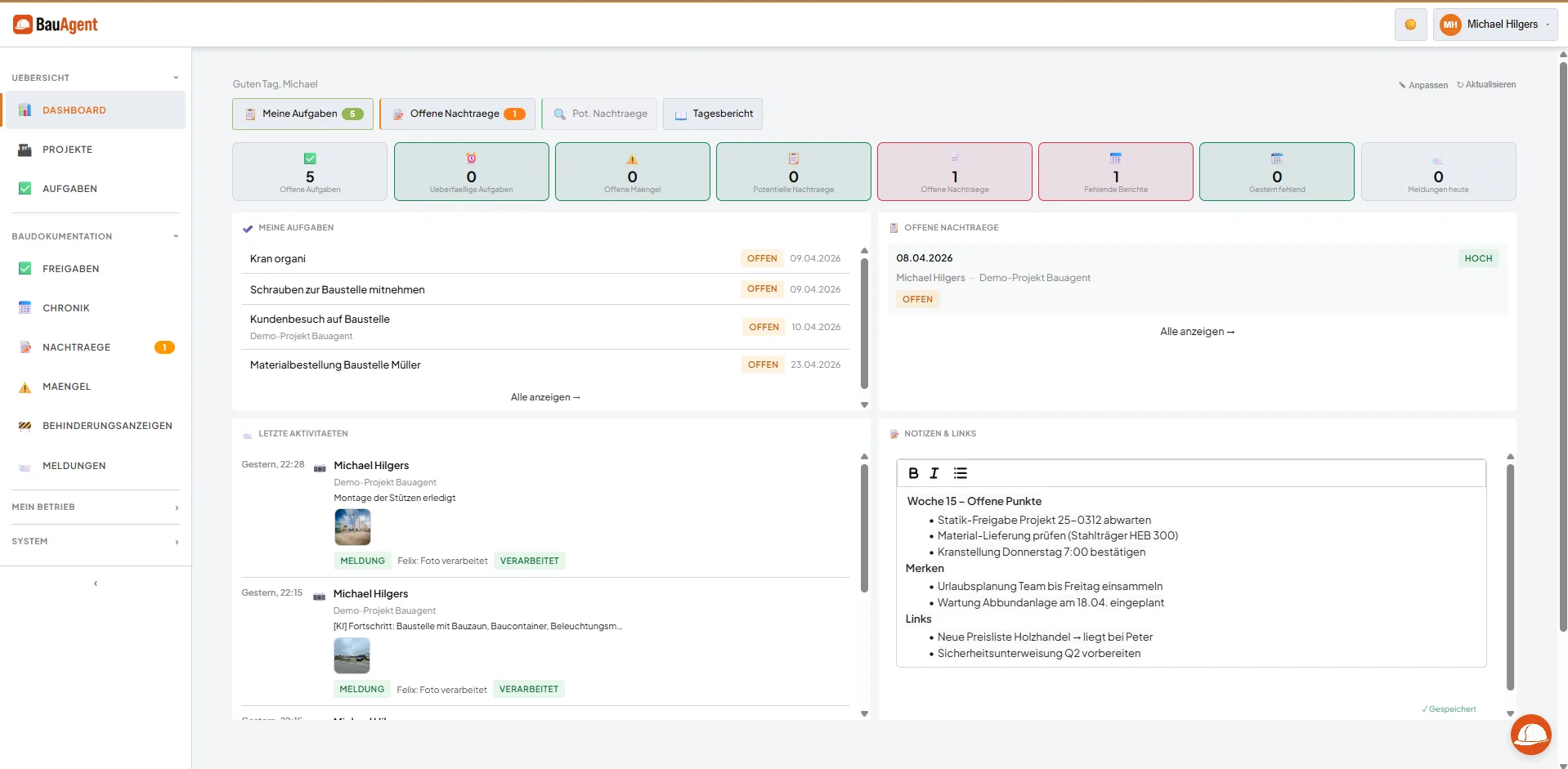 Dashboard mit KPIs, Aufgaben und Felix-Chat