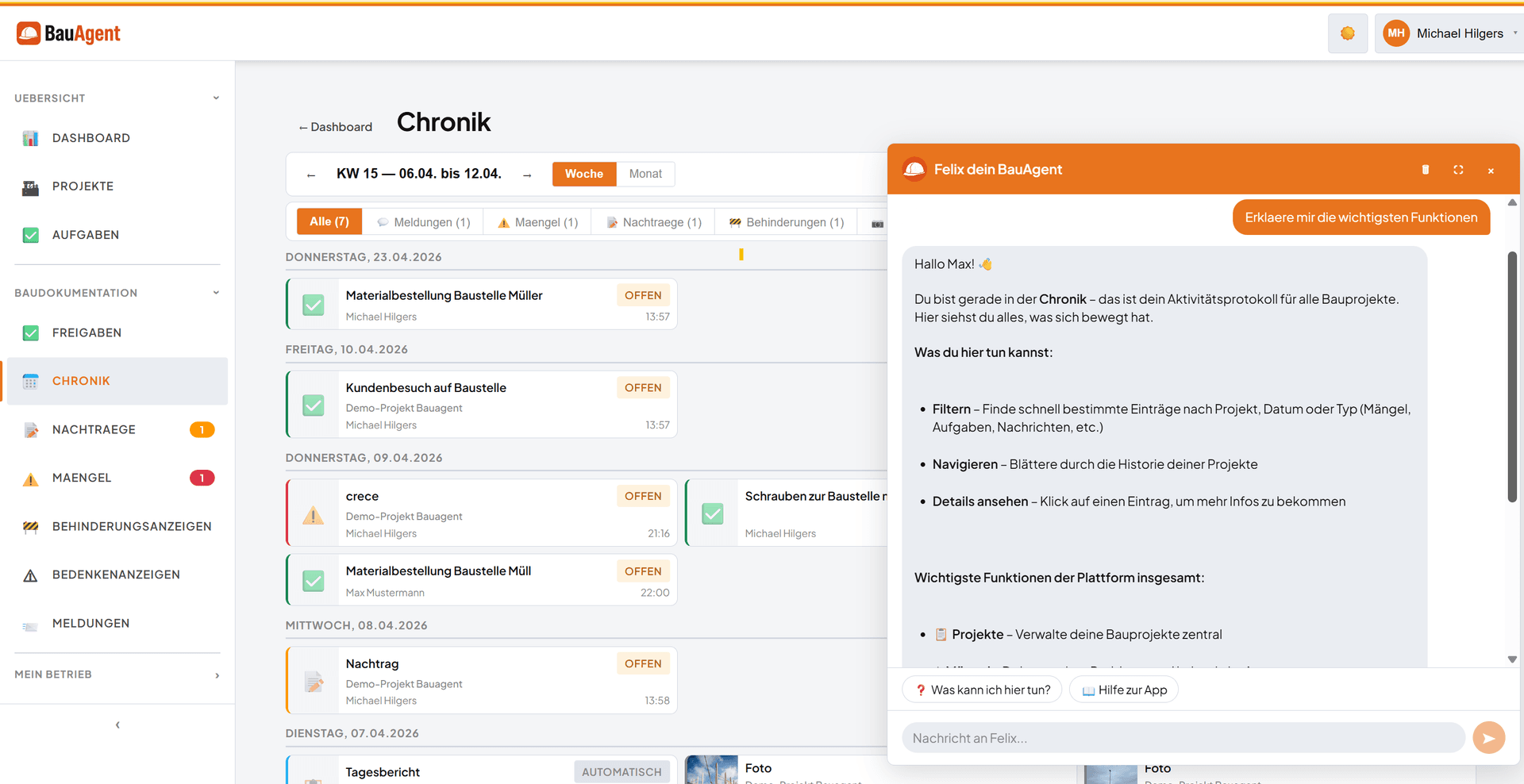 Felix als integrierte Hilfe – erklärt kontextbezogen jede Seite der Plattform