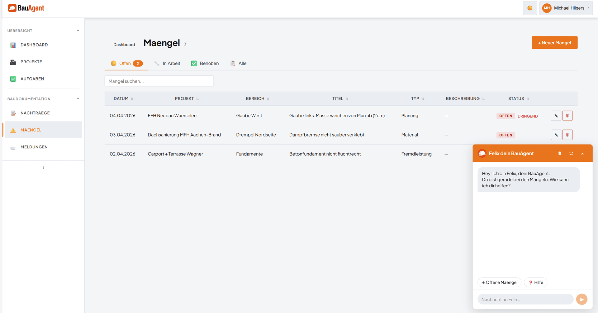 Mängel-Übersicht im BauAgent Dashboard