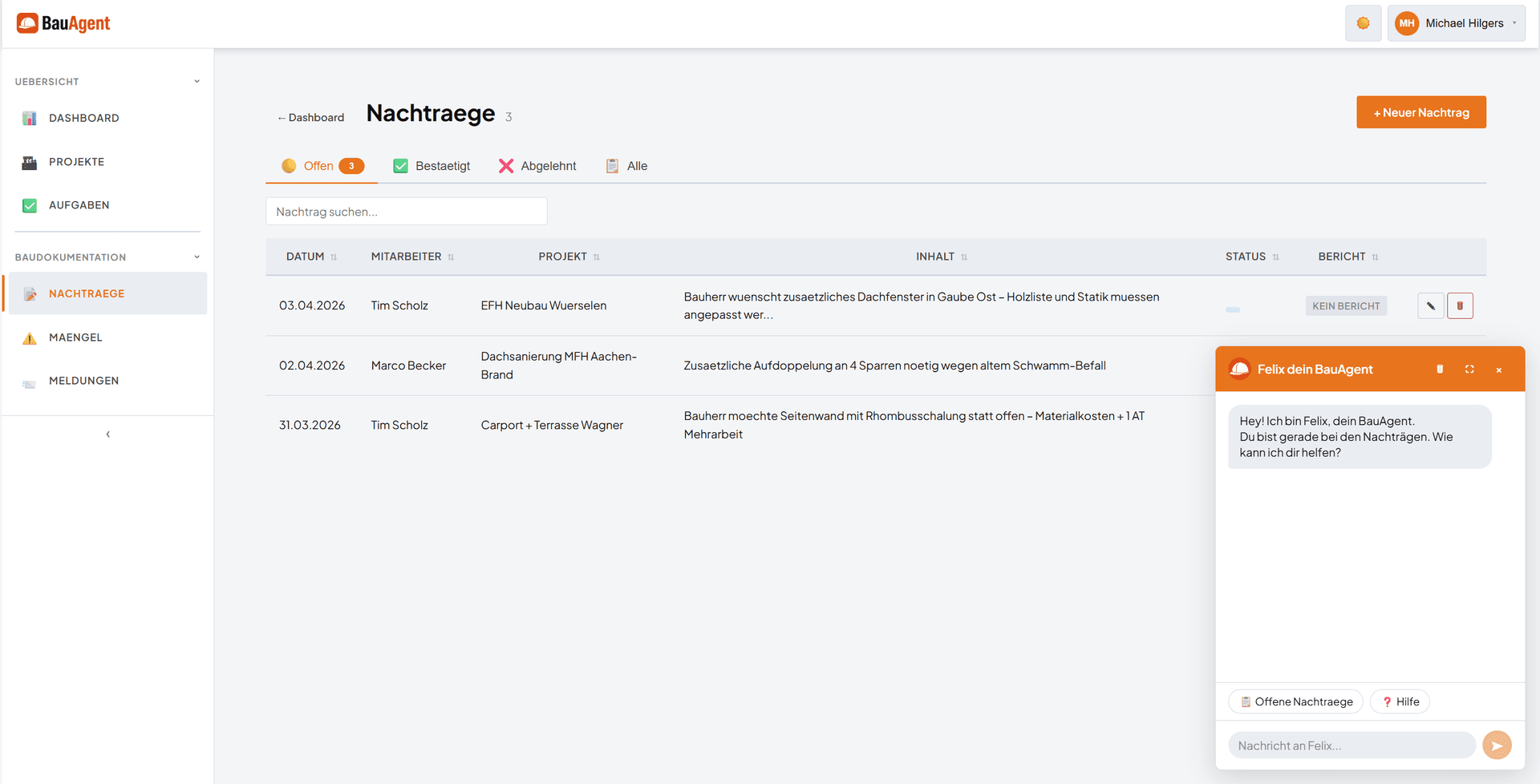 Nachträge im BauAgent Dashboard