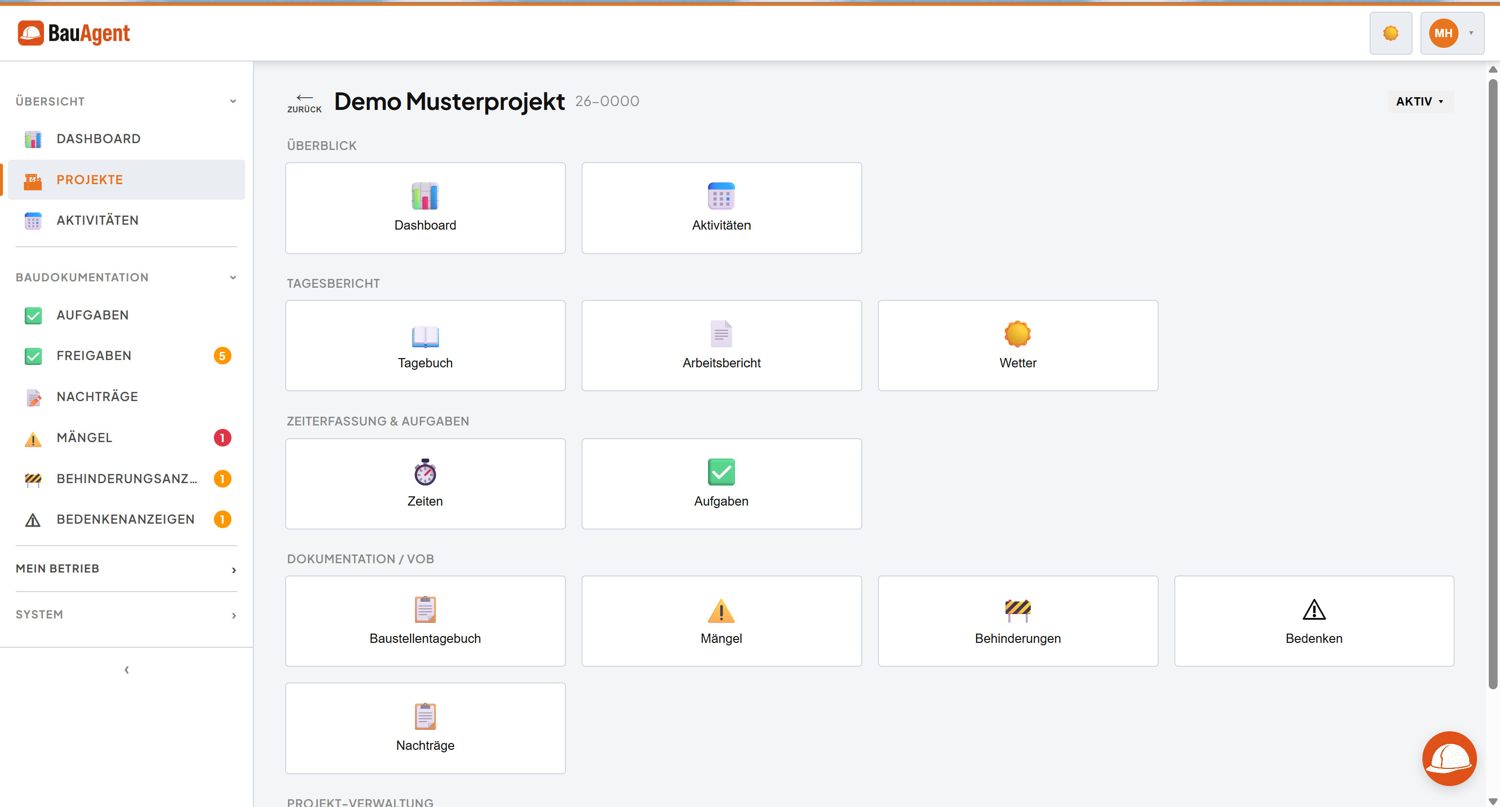 BauAgent.ai Projekt-Dashboard mit Status-Karten, Aufgaben und Mängeln