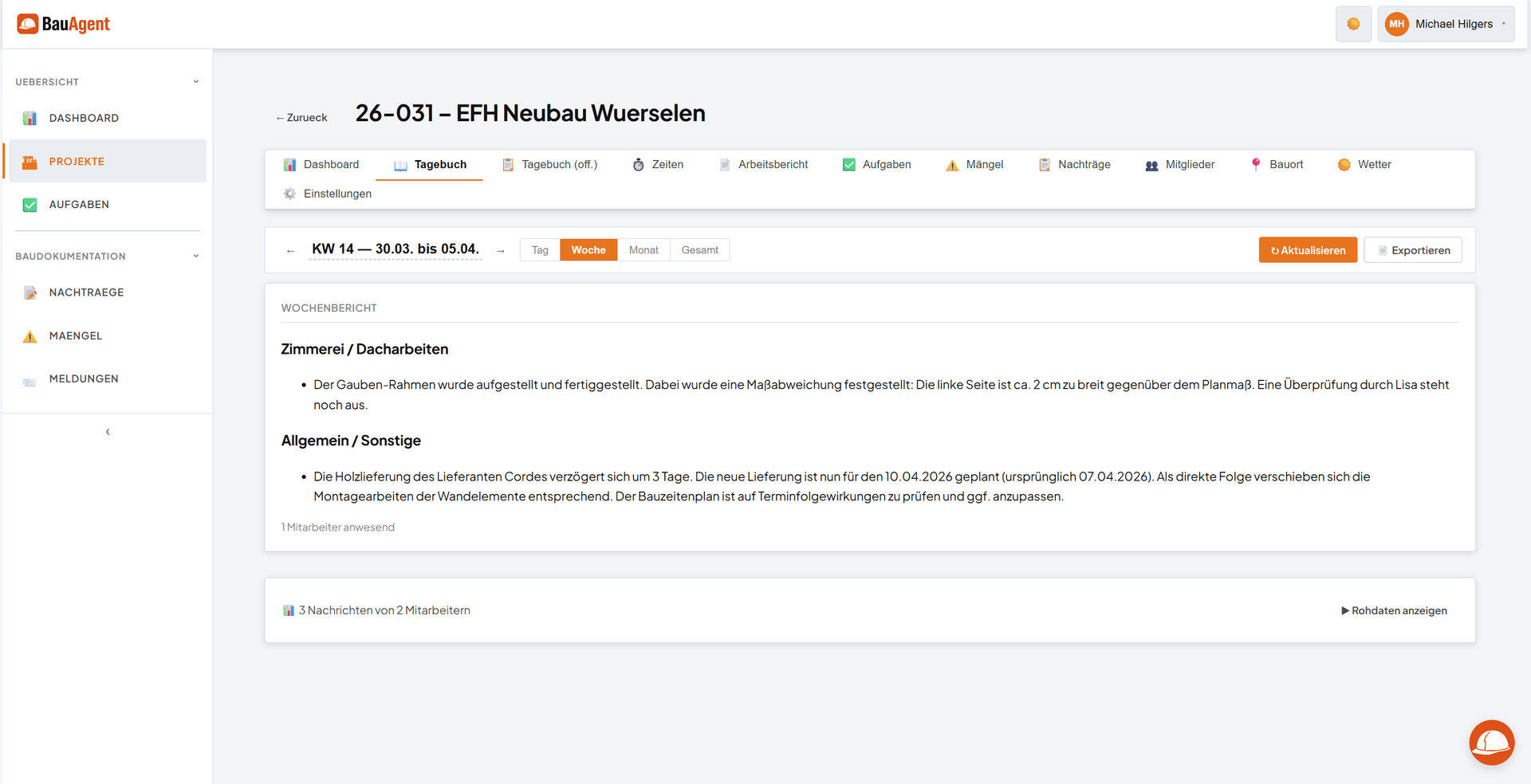 Tagesbericht im BauAgent Dashboard