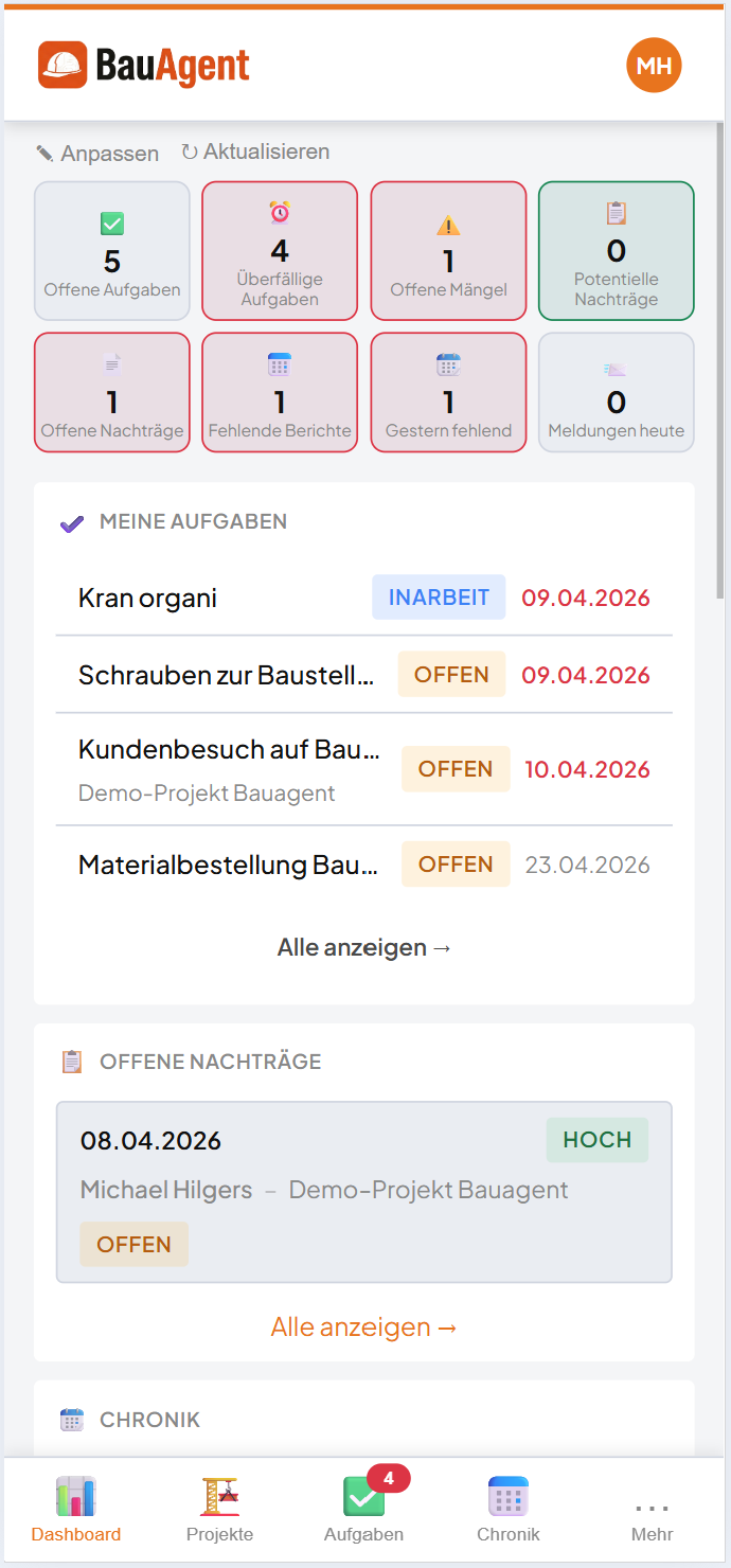 BauAgent.ai Mobile-Ansicht – Dashboard auf dem Smartphone